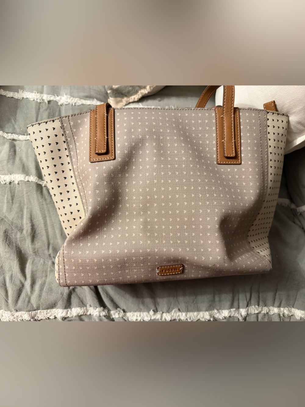 Fossil Beige Textured Tote with Tan Leather Logo Tab